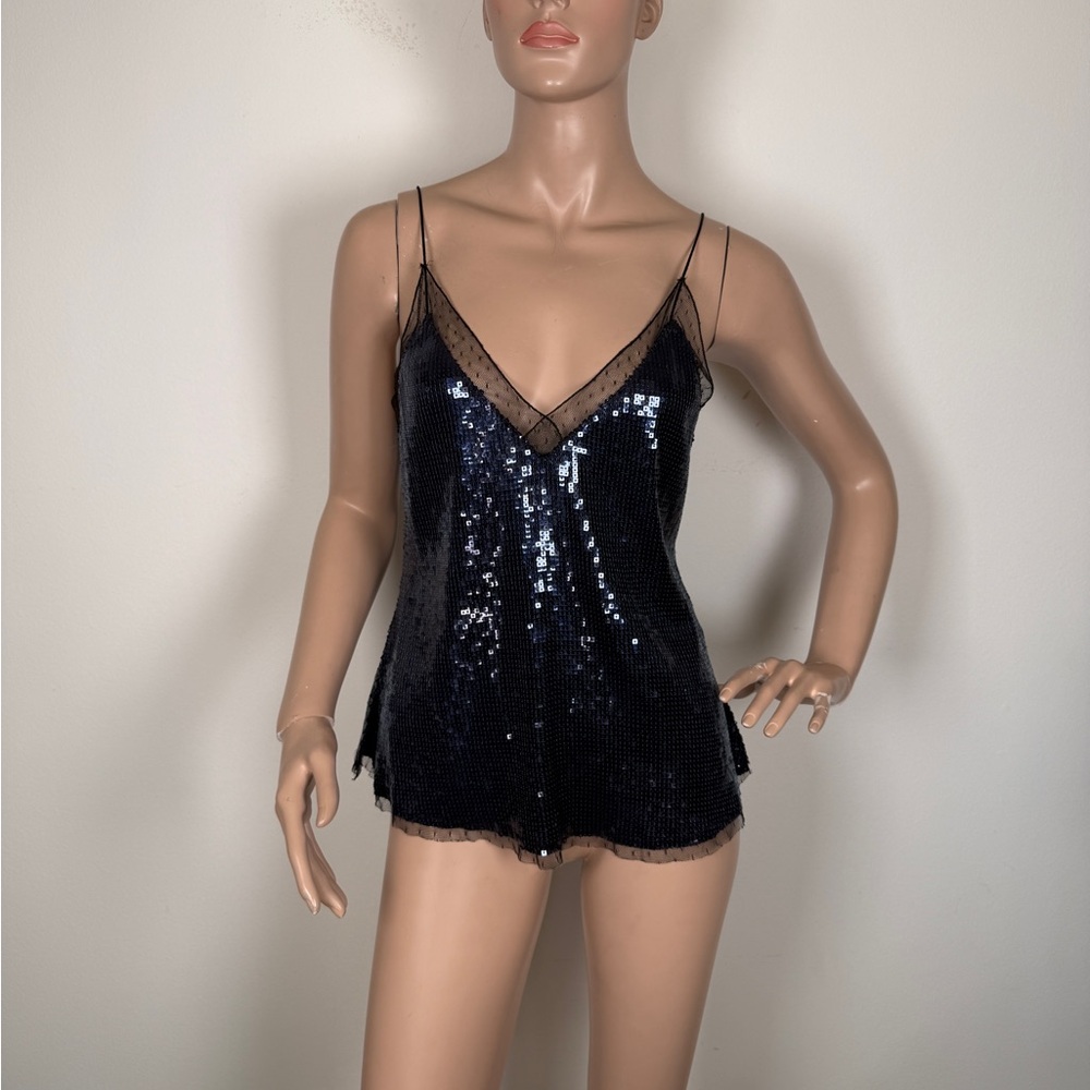 Free People Black blue Swiss dot Sequin Tank Top